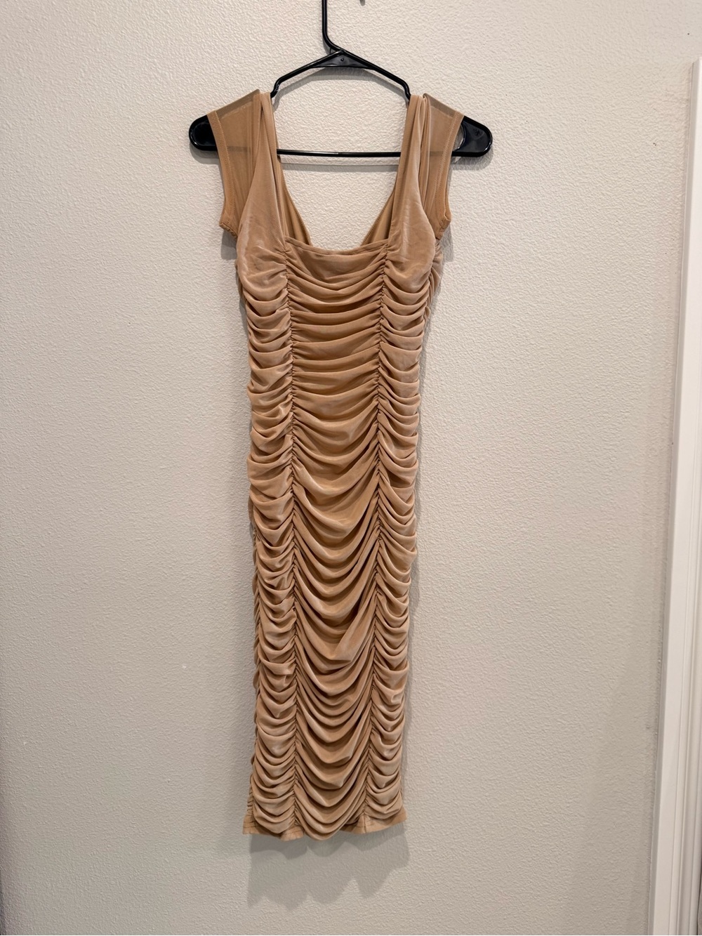 Fashion Nova Nude Ruched Midi Dress